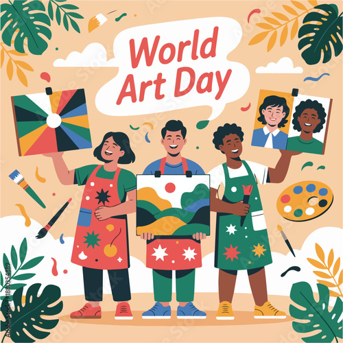 Celebrating world art day with diverse artists and colorful paintings together