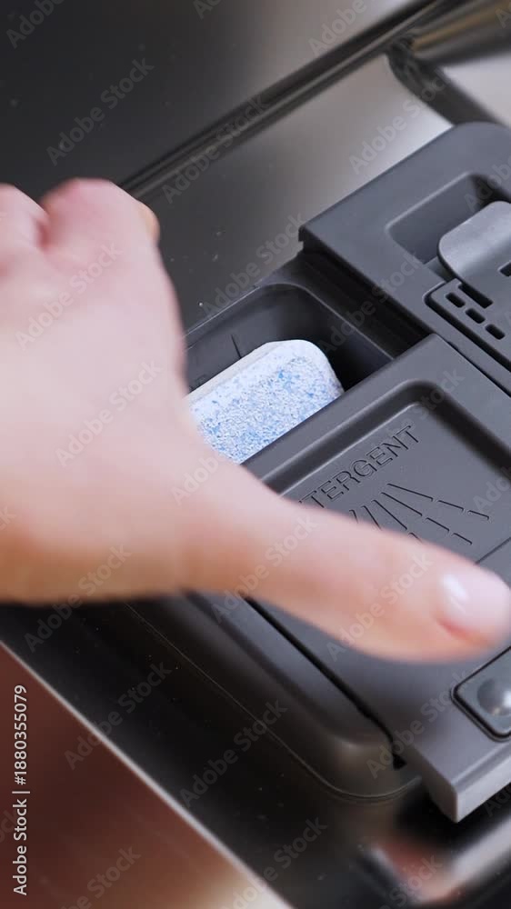 custom made wallpaper toronto digitalFemale hand puts soap tablet to dishwasher detergent box, closeup. Vertical footage