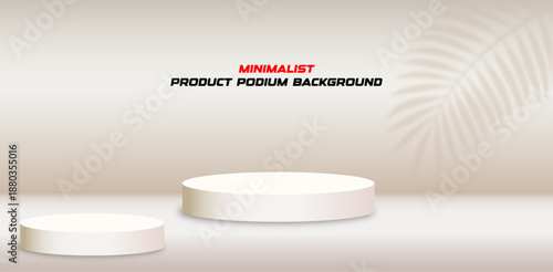 Warm Beige Minimalist Product Podium Background with Tropical Palm Leaf Shadows; 3D Realistic Stage Pedestal for Skincare, Organic Cosmetics, and Jewelry Mockups in Soft Cream Tones