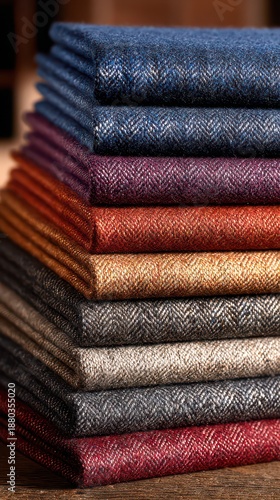 Stack of Glittering Fabric in Blue Purple Orange and Gray Color Close Up