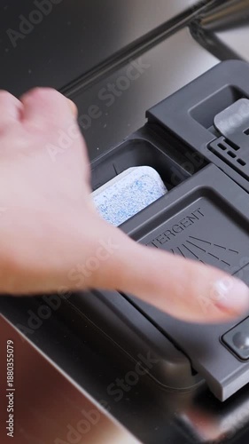 Wallpaper Mural Female hand puts soap tablet to dishwasher detergent box, closeup. Vertical footage Torontodigital.ca