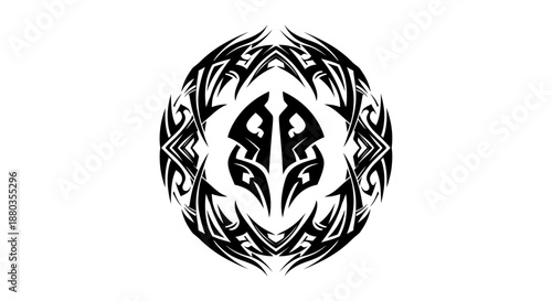 Intricate tribal black and white stylized wolf symbol with symmetrical design