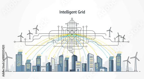 illustration of a smart city with renewable energy sources and grid infrastructure track