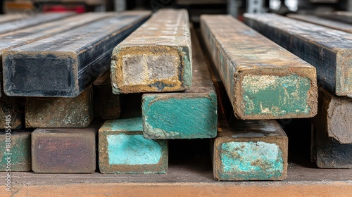Stack of Square Metal Bars with Rust and Corrosion in an Industrial Setting with natural lighting