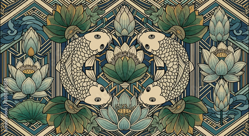 Intricate artistic illustration featuring koi fish and water lilies in a harmonious symmetrical