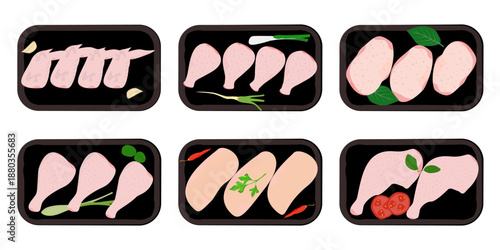 Vector illustration of chicken packaging. Meat packaging set from supermarket. Individual item, isolated from the background. Easily editable.