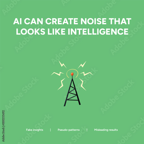 AI Creating Signal Noise and Misleading Results Illustration, Depicting Artificial Intelligence Generating Fake Insights through a Radio Tower Icon on Green
