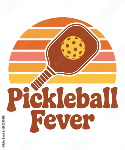 Retro sunset with pickleball paddle and ball, pickleball fever