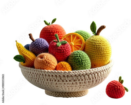 Bowl of crochet fruit made out of yarn 