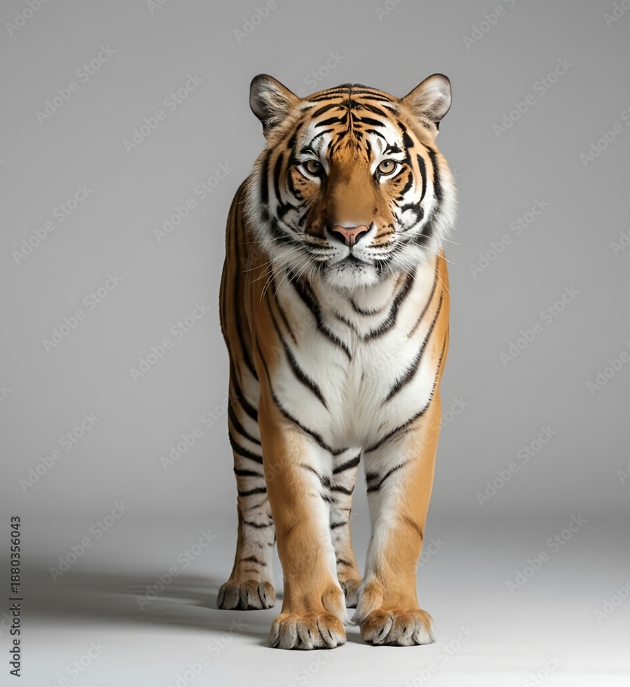 Obraz premium Medium shot of wild adult tiger looking at the camera on a gray studio background