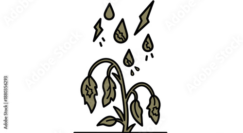 Illustration of a wilting plant with rain and lightning symbols emphasizing environmental stress