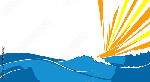 Abstract illustration of a vibrant sunrise over stylized ocean waves with energetic rays of