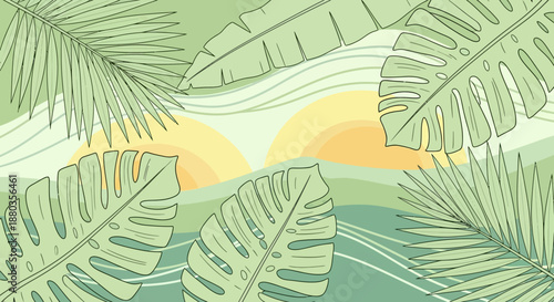 Stylized Tropical Jungle Scene with Sunlit Green Leaves and Sunset Horizon