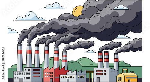 Illustration of industrial pollution with multiple factory smokestacks emitting thick black smoke