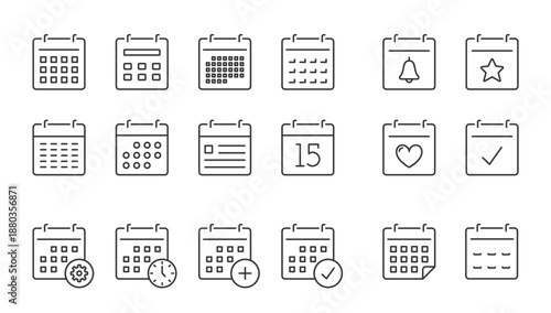 Set of minimalist calendar icons in outline style, showing different dates, reminders, events, and scheduling actions
