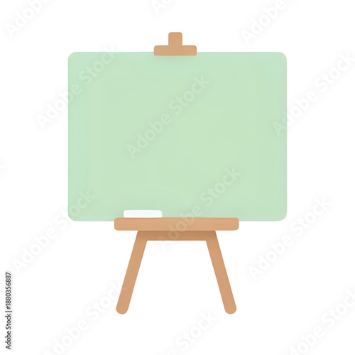 An easel with a blank green canvas stands on a simple wooden stand with a piece of chalk in front, awaiting artistic expression.