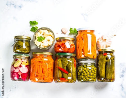 Assorted pickled vegetables and seafood in glass jars on marble surface