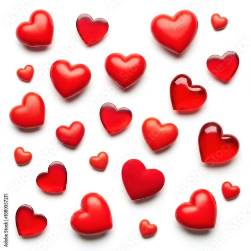 Scattered red hearts on white background