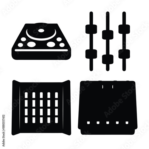 Electronic music production gear icon set featuring dj controller, faders, and drum machine