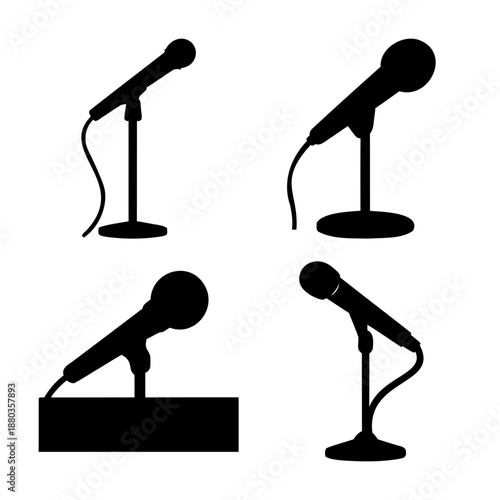 Set of black microphone silhouettes with stands for audio and public speaking