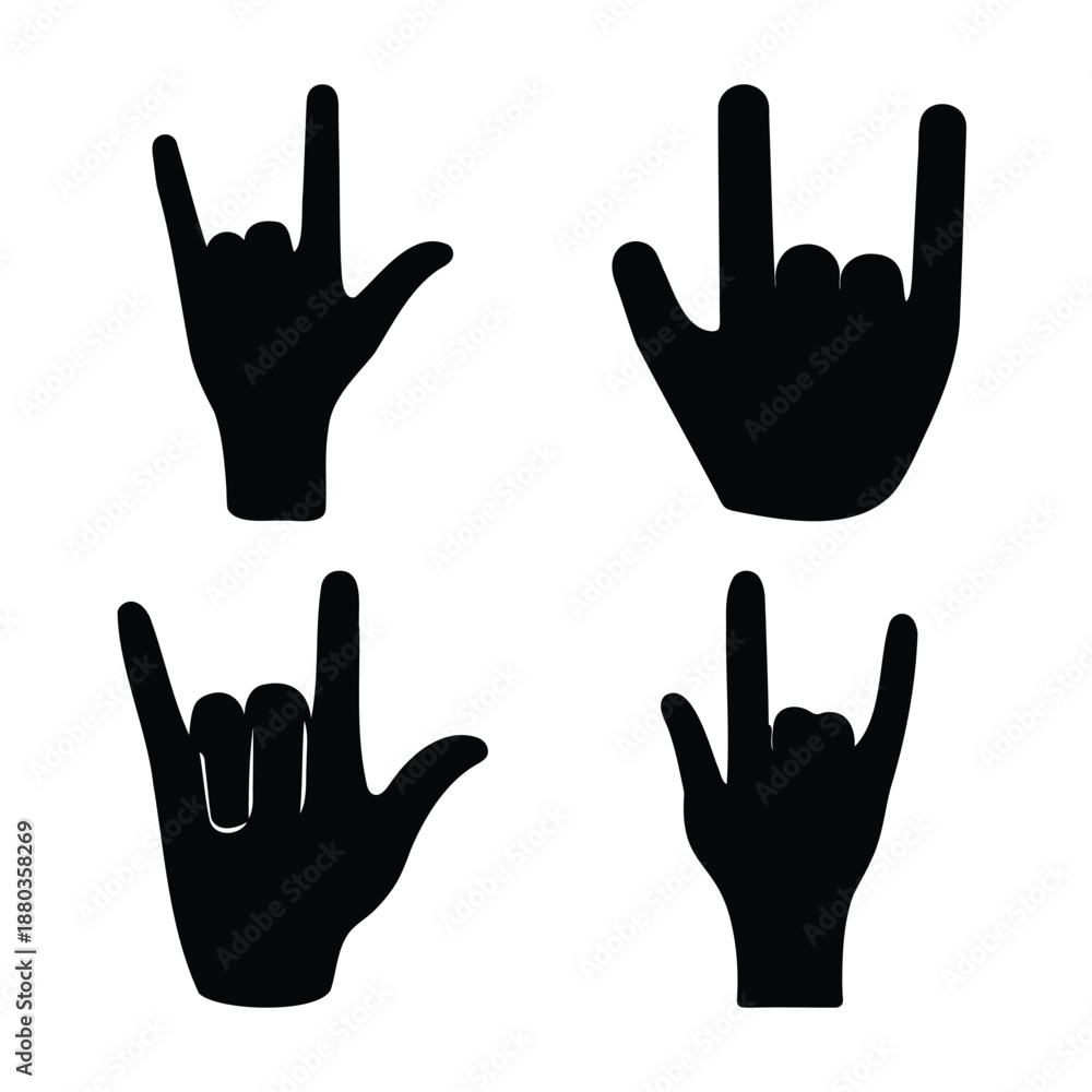 Obraz premium Collection of four black hand silhouettes depicting the iconic rock and roll sign against a white background