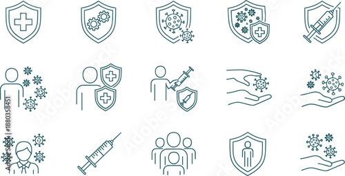 Health protection and immunity line icon set virus shield vaccine prevention medical flat vector illustration isolated