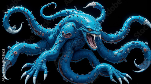 a menacing, blue, tentacled creature with sharp claws and a fierce expression, set against a black background. The creature's body is covered in small, bulbous protrusions, and it ha