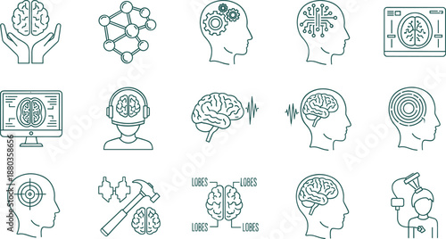 Brain and neuroscience line icon set mental health cognition research technology flat vector illustration isolated