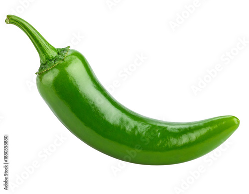  Fresh Green Chile Pepper, Single Whole Pod, Side View, Isolated on Transparent Background