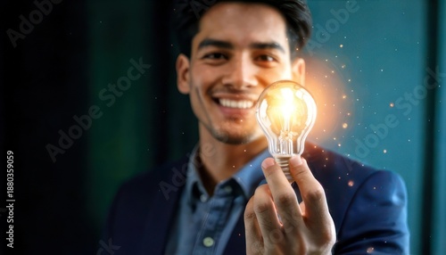 Wallpaper Mural Smiling man holding glowing light bulb with creative idea. Torontodigital.ca