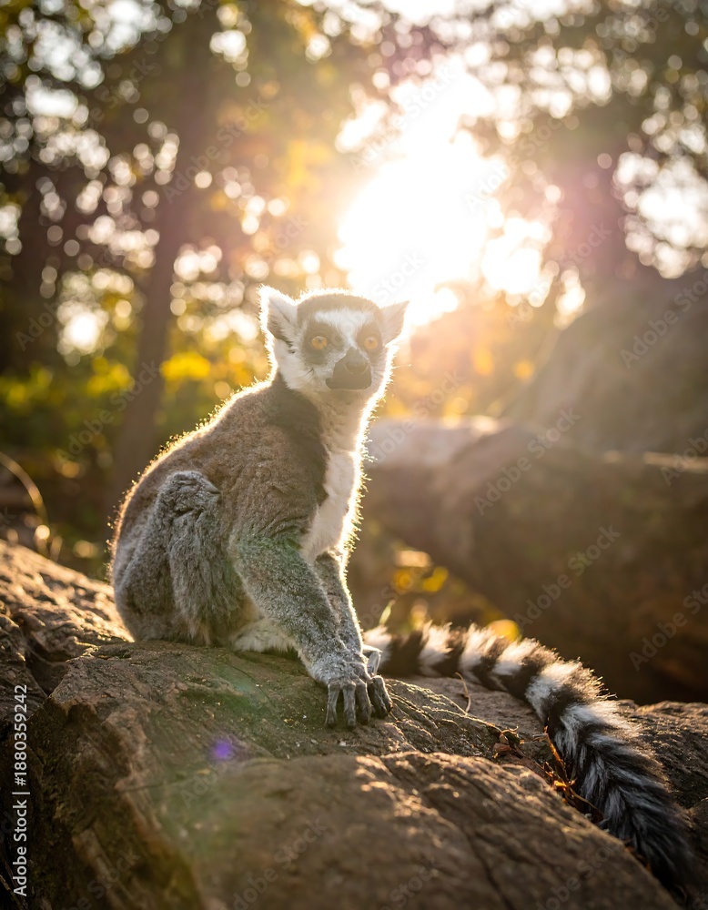 Obraz premium A ring-tailed primate sits on a rock, with a forest backdrop and the sun shining brightly behind it