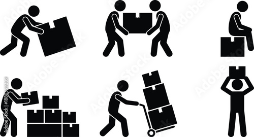 People moving boxes using various methods, illustrating logistics, delivery, and manual handling