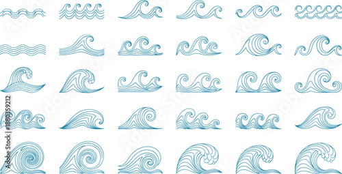 Ocean wave line art collection set hand drawn water sea symbols decorative flat vector illustration isolated