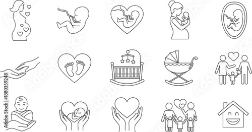 Pregnancy motherhood and baby care line icon set family love parenting flat vector illustration isolated