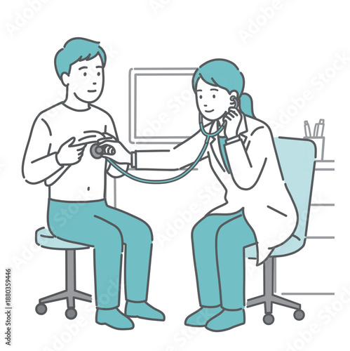 白衣を着た女性医師による男性患者の聴診・診察のイラスト