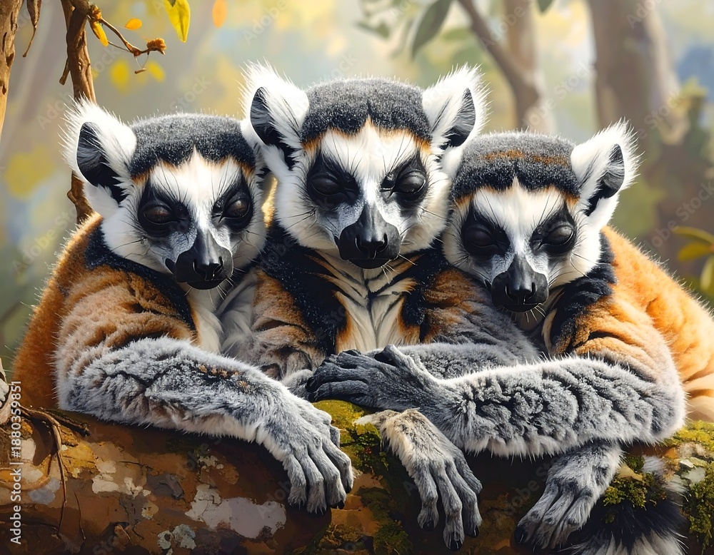 Fototapeta premium Three lemurs sitting on a tree branch