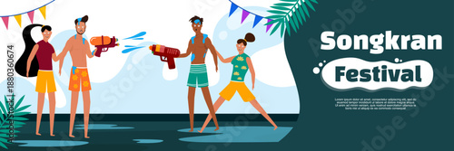 Group of friends celebrating songkran festival with water guns and summer outfit