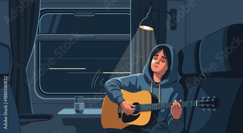 Young musician playing guitar on a train at night