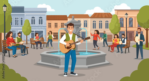 Young musician playing guitar in a public square