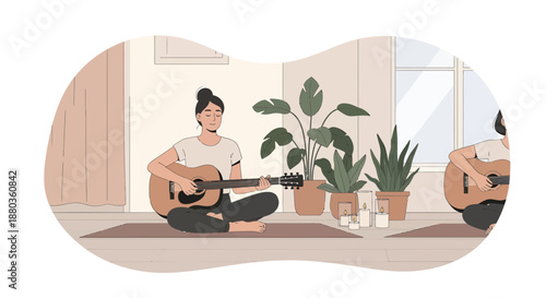 Young woman playing acoustic guitar at home with plants