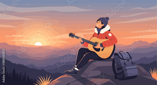 Young woman sitting on a mountain peak playing guitar