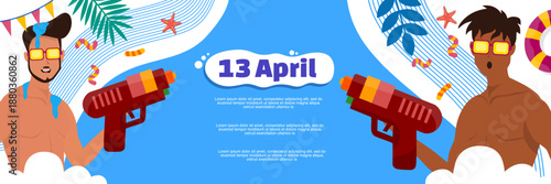 Two men celebrating songkran festival with water guns and 13 April date