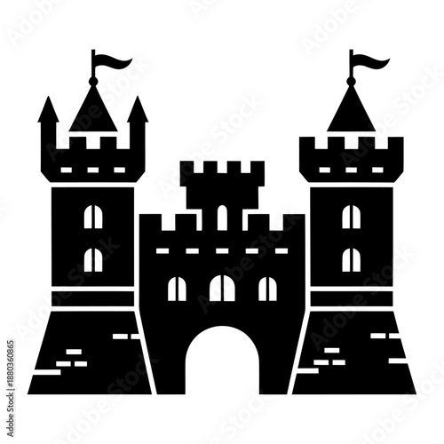 black silhouette of a medieval castle with two towers and a central gate symbolizing fortification royalty and history