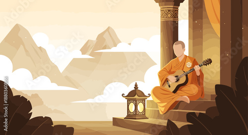 Buddhist Monk Playing Lute on Ancient Temple Veranda
