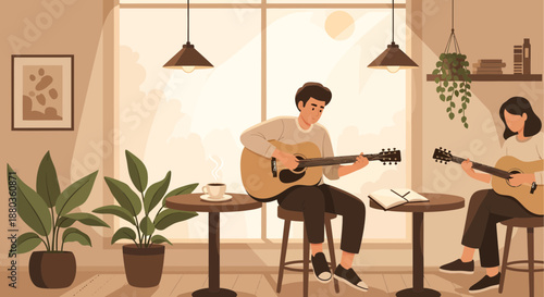 Couple Playing Guitars in Coffee Shop Interior