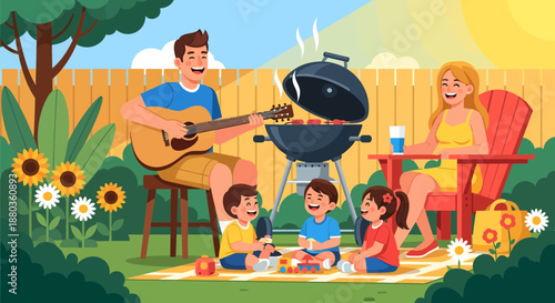 Family enjoying backyard barbecue with music