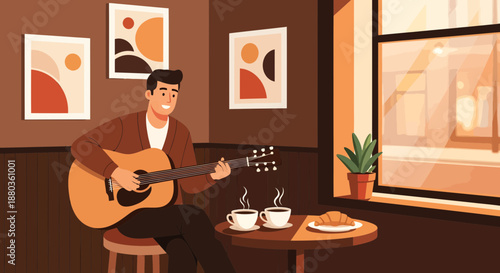 Man playing guitar in cozy coffee shop with snacks