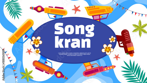 Colorful songkran festival banner with various water guns and tropical flowers elements