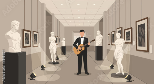 Man Playing Guitar in Art Gallery with Statues and Paintings