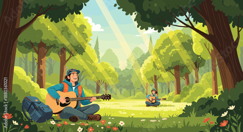Man playing guitar in the forest with another musician